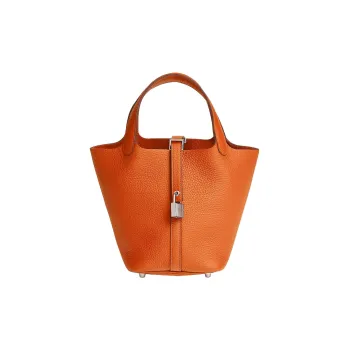 HERMES Picotin Lock Clemence Bullock Leather Basket Bag, Bucket Bag, Handbag Women's Orange