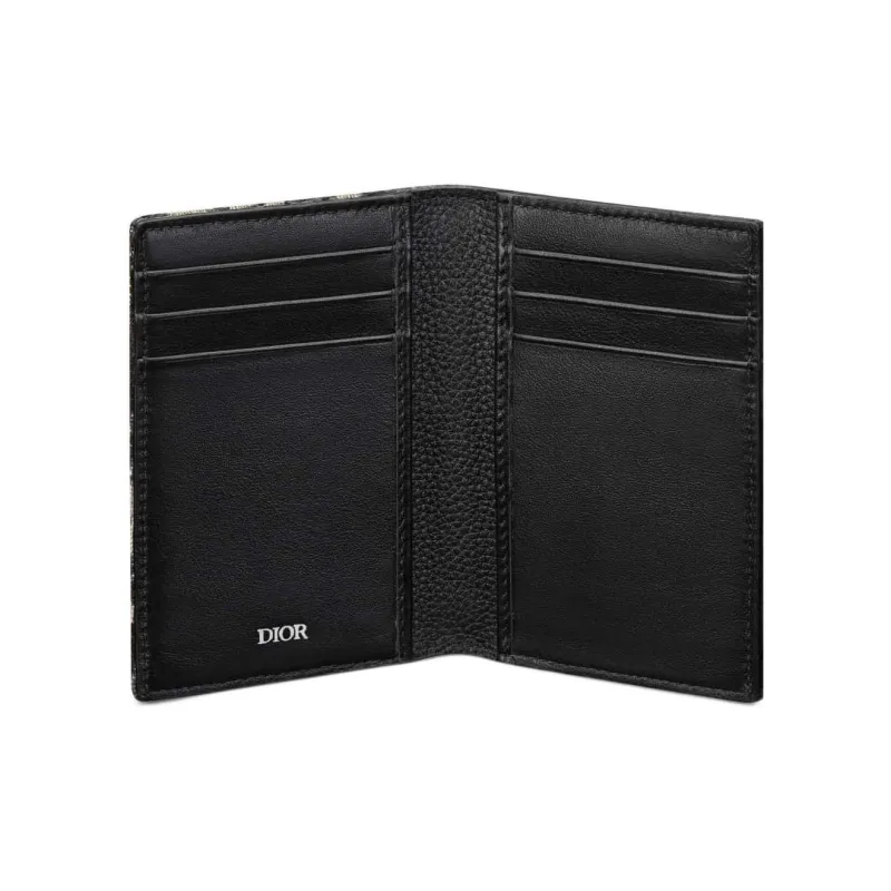 DIOR Oblique Printed Fabric Cow Leather Card Holder Men's Black/Beige-3