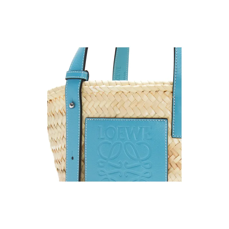 LOEWE Basket Palm Leaf Cow Leather Patchwork Handbag Small Size Women's Light Blue-3