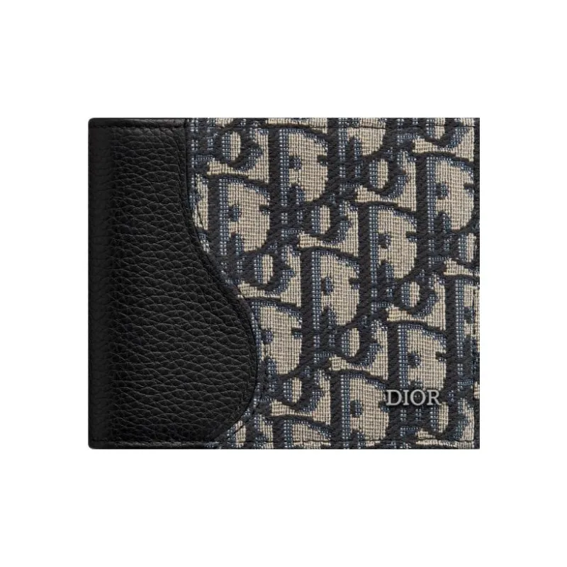 DIOR Oblique Jacquard Fabric With Embossed Calfskin Wallet Men's Black/Beige-0