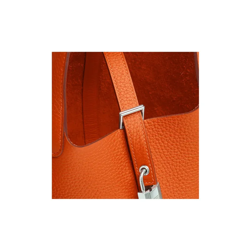 HERMES Picotin Lock Clemence Bullock Leather Basket Bag, Bucket Bag, Handbag Women's Orange-4