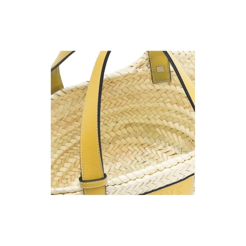 LOEWE Basket Palm Leaf Cow Leather Patchwork Handbag Small Size Women's Peach Symbol Yellow-4