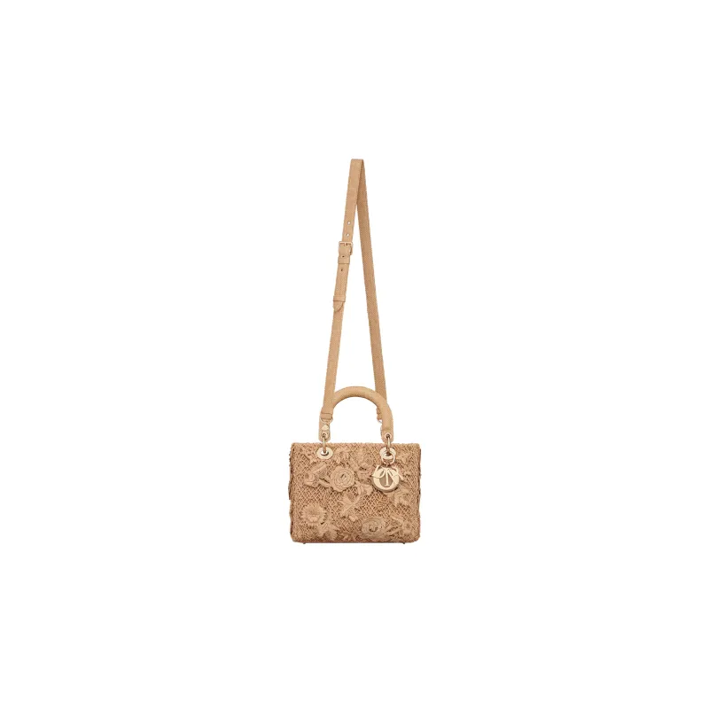 DIOR Lady D-Lite Raffia Dior Bag Shoulder Bag Crossbody Bag Handbag Medium Size Women's Light Brown-3