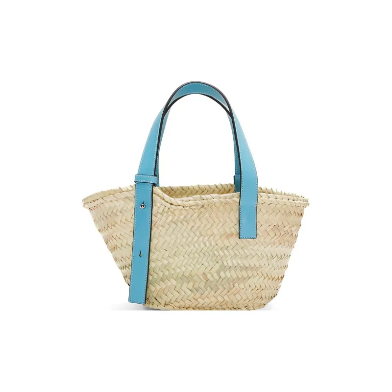 LOEWE Basket Palm Leaf Cow Leather Patchwork Handbag Small Size Women's Light Blue-2