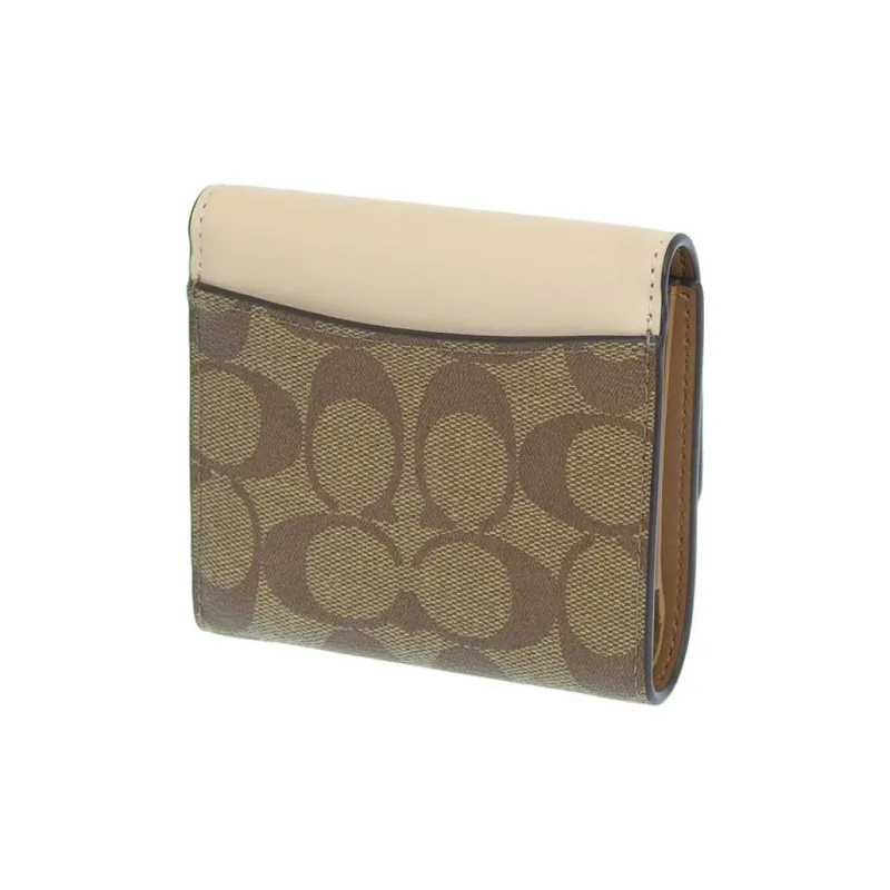 COACH Trifold Wallet Canvas With Leather Card Holder, Wallet Trumpets Women's Khaki & Chalk White-1