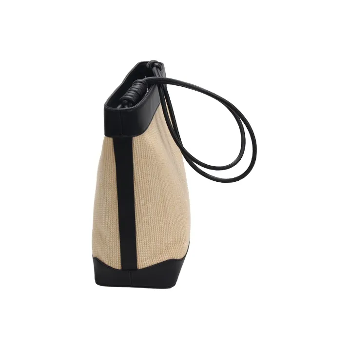 YOCAMU Cow Leather With Fabric Straw Bag Bucket Bag Shoulder Bag Medium Size Women's Brown-6