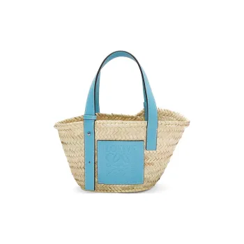 LOEWE Basket Palm Leaf Cow Leather Patchwork Handbag Small Size Women's Light Blue