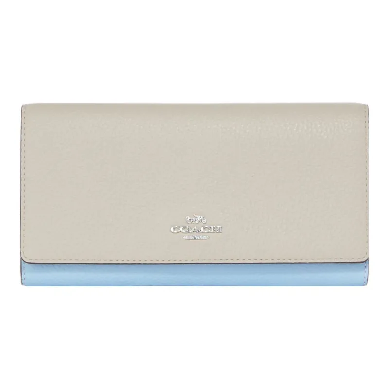 COACH Trifold Wallet Leather Clutch Coin Purse Wallet Small Size Women's Gray & Blue-0