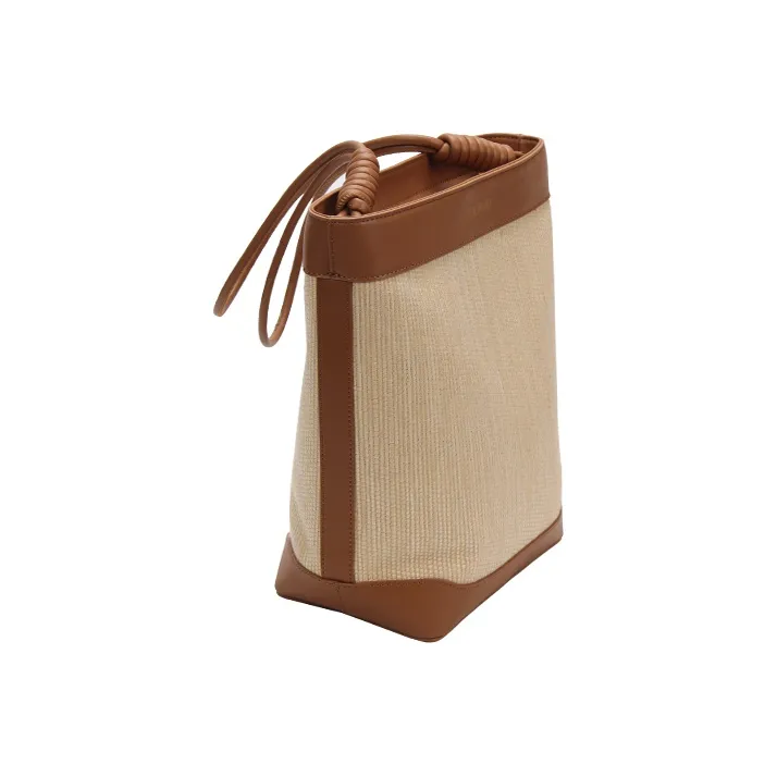 YOCAMU Cow Leather With Fabric Straw Bag Bucket Bag Shoulder Bag Medium Size Women's Brown-1