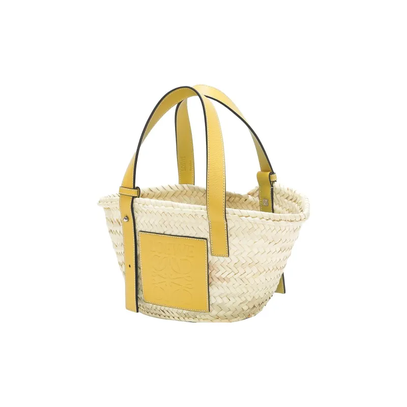 LOEWE Basket Palm Leaf Cow Leather Patchwork Handbag Small Size Women's Peach Symbol Yellow-1
