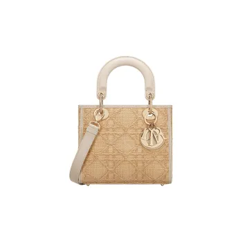 DIOR Lady D-Lite Raffia Calfskin Trim Dior Bag Shoulder Bag Crossbody Bag Handbag Small Size Women's Natural Color