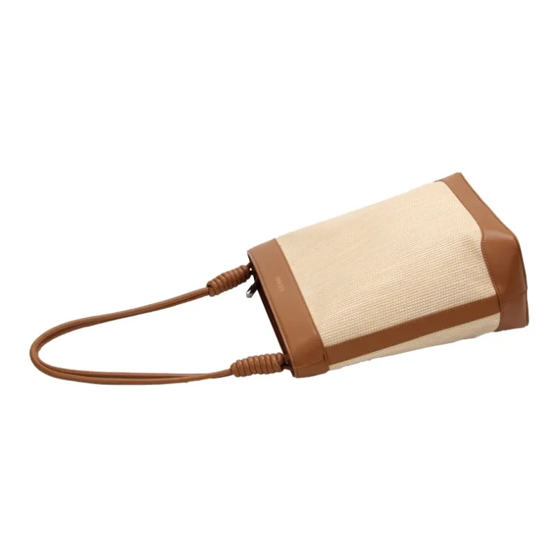 YOCAMU Cow Leather With Fabric Straw Bag Bucket Bag Shoulder Bag Medium Size Women's Brown-2