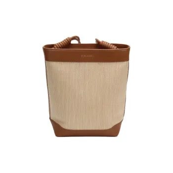 YOCAMU Cow Leather With Fabric Straw Bag Bucket Bag Shoulder Bag Medium Size Women's Brown
