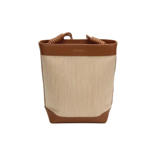 YOCAMU Cow Leather With Fabric Straw Bag Bucket Bag Shoulder Bag Medium Size Women's Brown