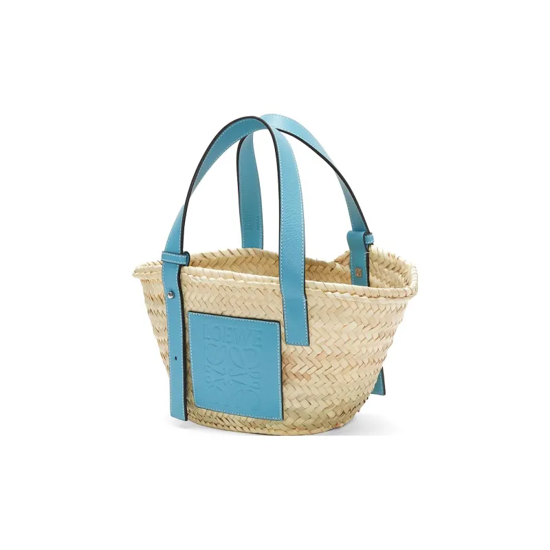 LOEWE Basket Palm Leaf Cow Leather Patchwork Handbag Small Size Women's Light Blue-1