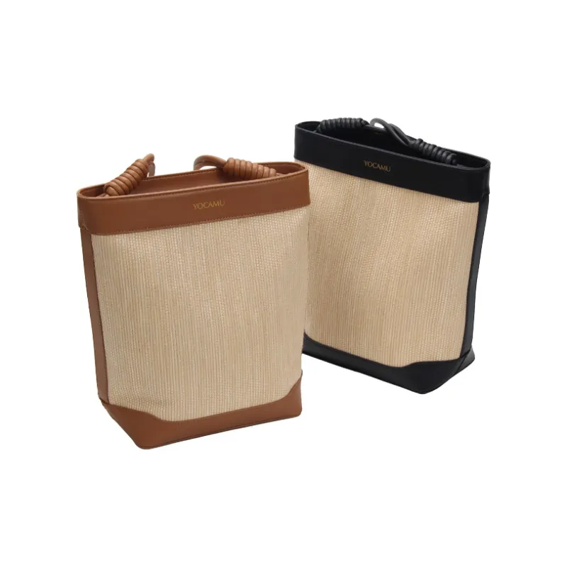 YOCAMU Cow Leather With Fabric Straw Bag Bucket Bag Shoulder Bag Medium Size Women's Brown-4