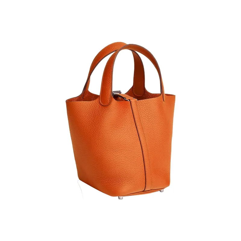 HERMES Picotin Lock Clemence Bullock Leather Basket Bag, Bucket Bag, Handbag Women's Orange-2