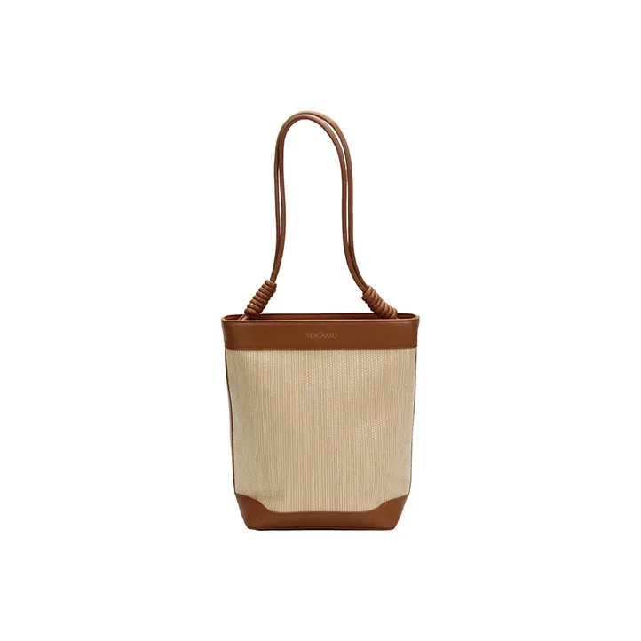 YOCAMU Cow Leather With Fabric Straw Bag Bucket Bag Shoulder Bag Medium Size Women's Brown-3