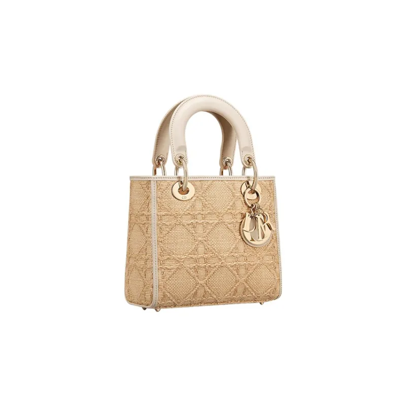DIOR Lady D-Lite Raffia Calfskin Trim Dior Bag Shoulder Bag Crossbody Bag Handbag Small Size Women's Natural Color-1