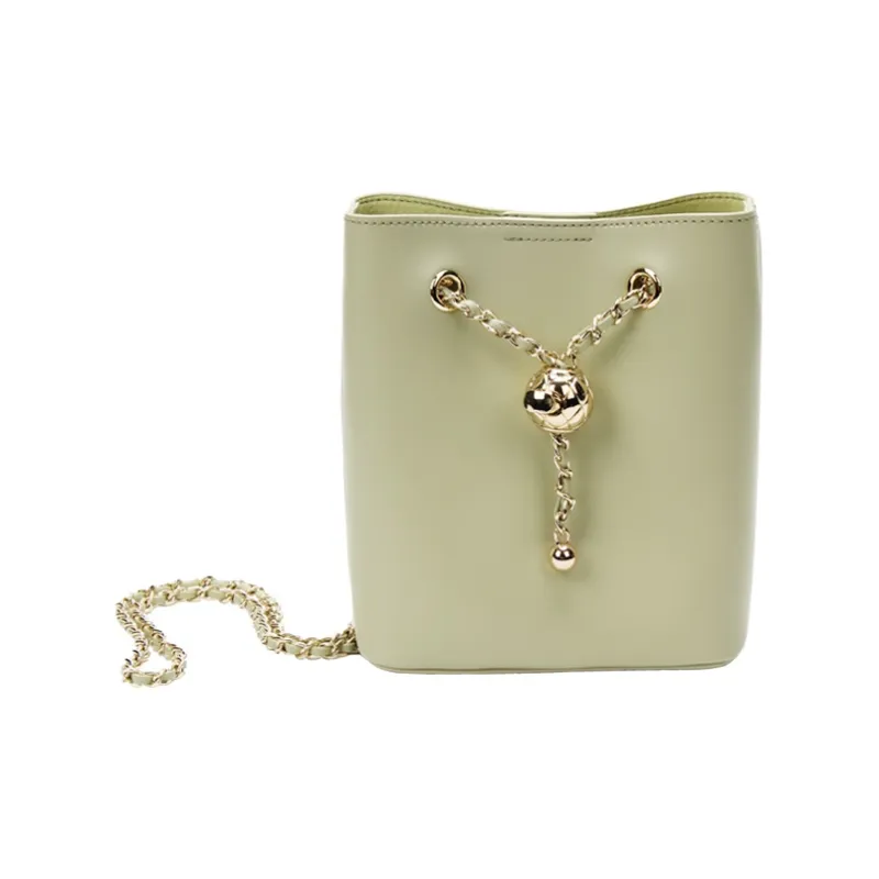 YOCAMU Genuine Cow Leather Bucket Bag Chain Bag Handbag Shoulder Bag Crossbody Bag Small Size Women's White/Green/Black-5