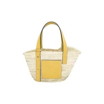 LOEWE Basket Palm Leaf Cow Leather Patchwork Handbag Small Size Women's Peach Symbol Yellow