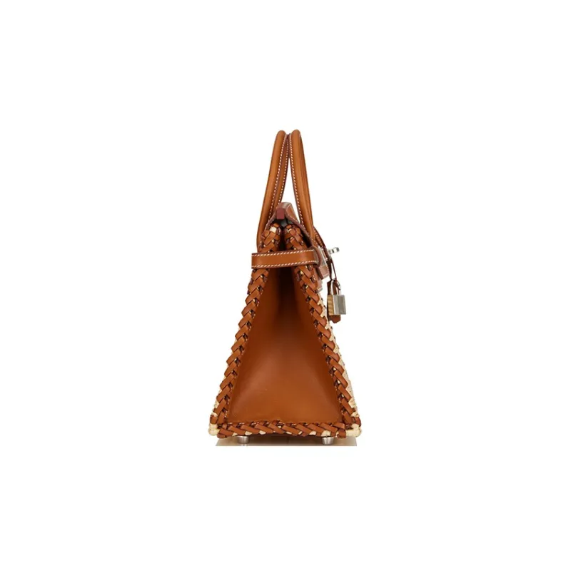 HERMES Birkin Wicker And Saddle Leather Birkin Bag Rattan Handbag Women's 37 Gold Gold-2