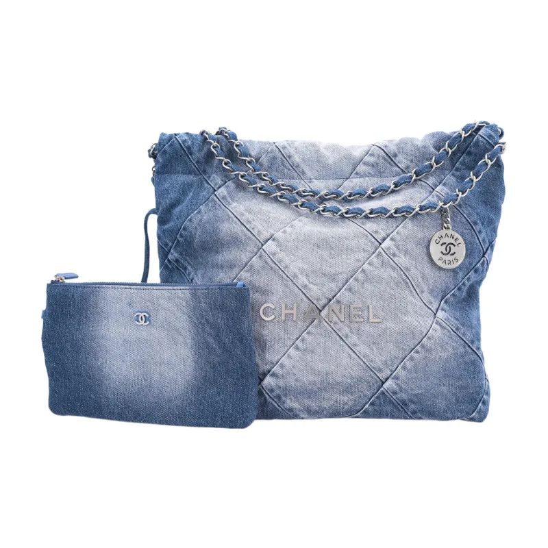 CHANEL 22Bag Distressed Denim Trash Bag Handbag Shoulder Bag Women's Washed Denim Blue-5