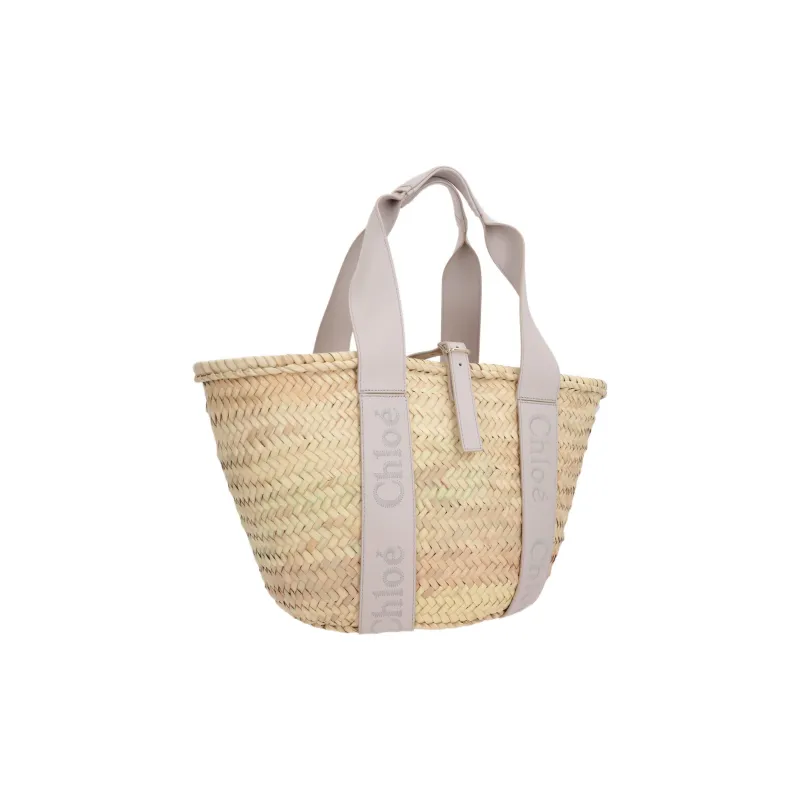 Chloe Raffia Patchwork Cow Leather Handbag Medium Size Women's Natural/Wild Gray-1