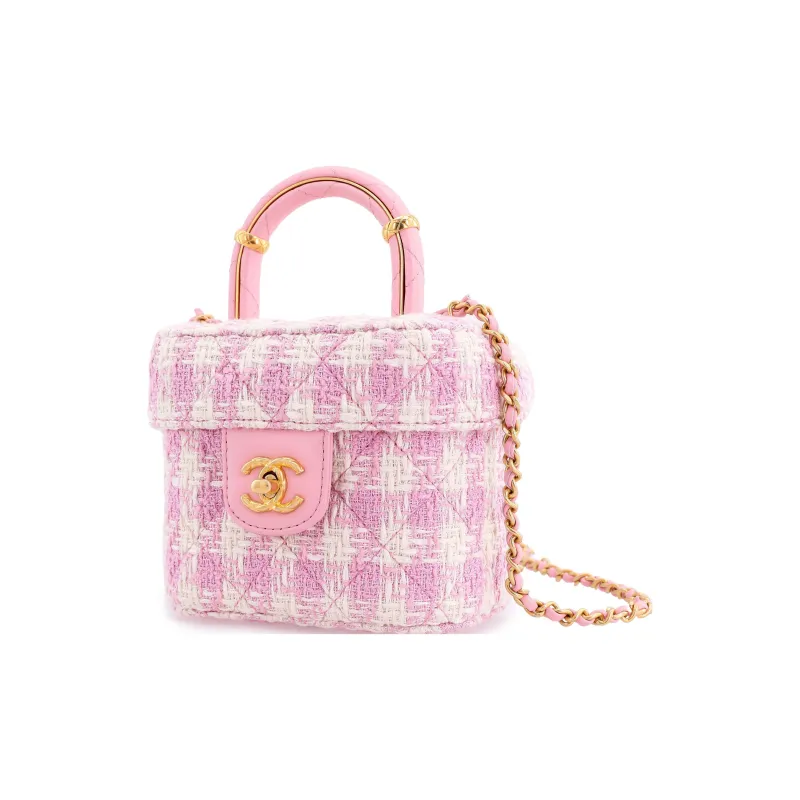 CHANEL Lambskin With Tweed Portable One Shoulder Crossbody Makeup Bag Trumpets Women's Pink/White-1
