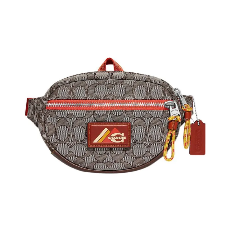 COACH Jacquard With Calfskin Sling Bag, Fanny Pack Trumpets Men's Greige & Red-0