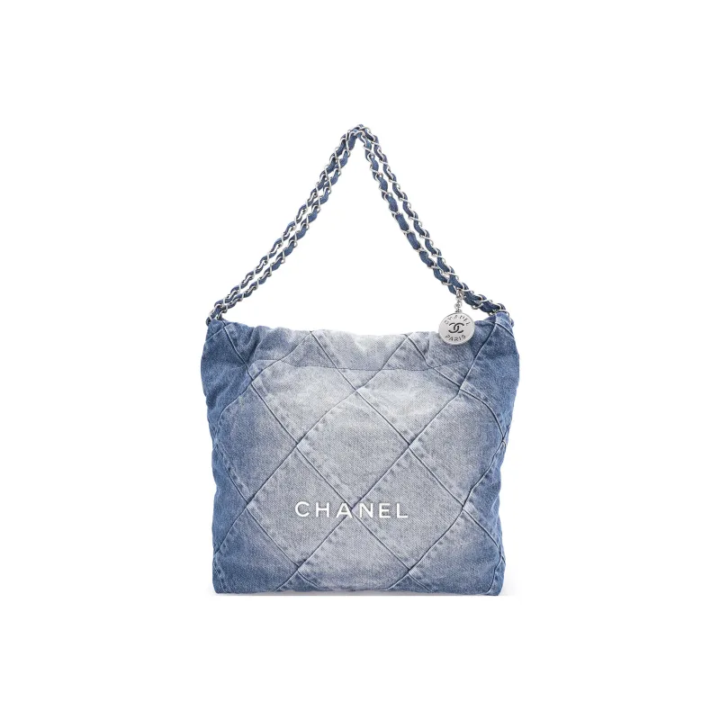 CHANEL 22Bag Distressed Denim Trash Bag Handbag Shoulder Bag Women's Washed Denim Blue-1