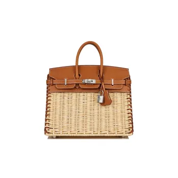 HERMES Birkin Wicker And Saddle Leather Birkin Bag Rattan Handbag Women's 37 Gold Gold