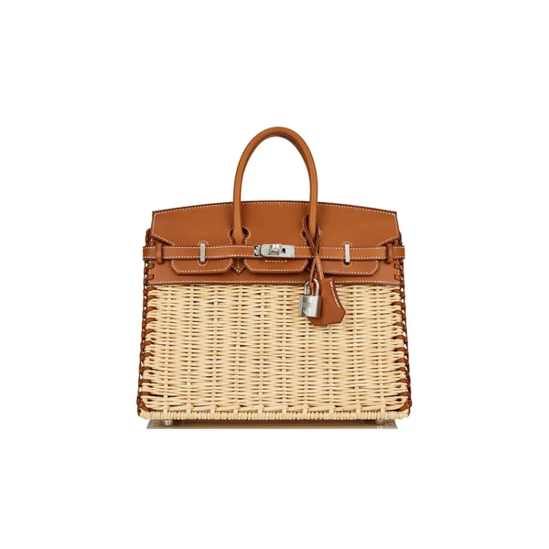 HERMES Birkin Wicker And Saddle Leather Birkin Bag Rattan Handbag Women's 37 Gold Gold-0
