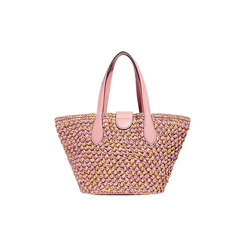 COACH Straw Straw Woven With Leather Tote Bag Shopping Bag Basket Bag Handbag Shoulder Bag Women's Pink-2