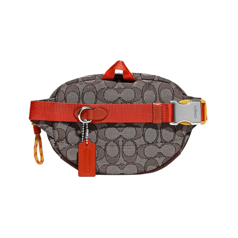 COACH Jacquard With Calfskin Sling Bag, Fanny Pack Trumpets Men's Greige & Red-1
