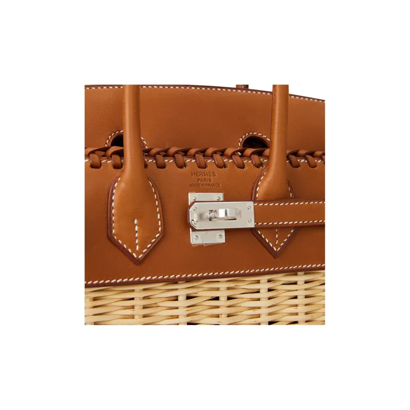 HERMES Birkin Wicker And Saddle Leather Birkin Bag Rattan Handbag Women's 37 Gold Gold-5