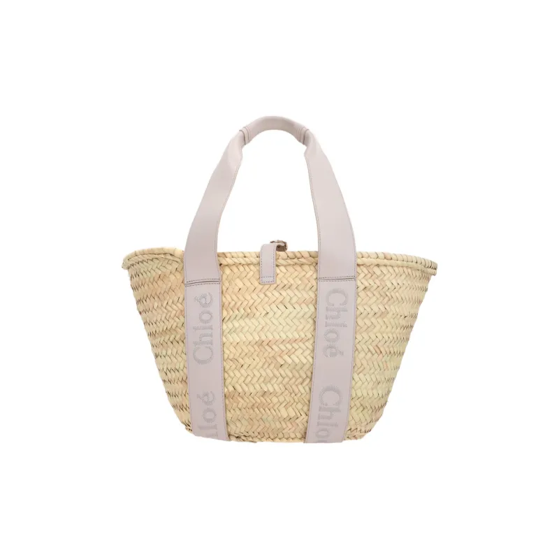 Chloe Raffia Patchwork Cow Leather Handbag Medium Size Women's Natural/Wild Gray-2