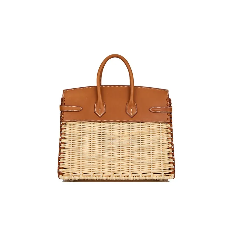 HERMES Birkin Wicker And Saddle Leather Birkin Bag Rattan Handbag Women's 37 Gold Gold-3