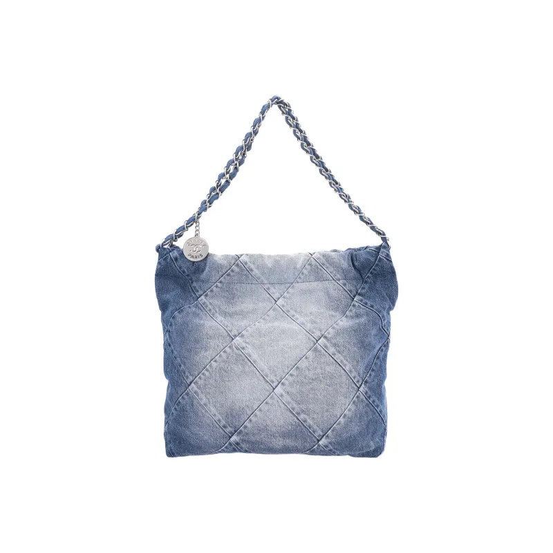 CHANEL 22Bag Distressed Denim Trash Bag Handbag Shoulder Bag Women's Washed Denim Blue-3