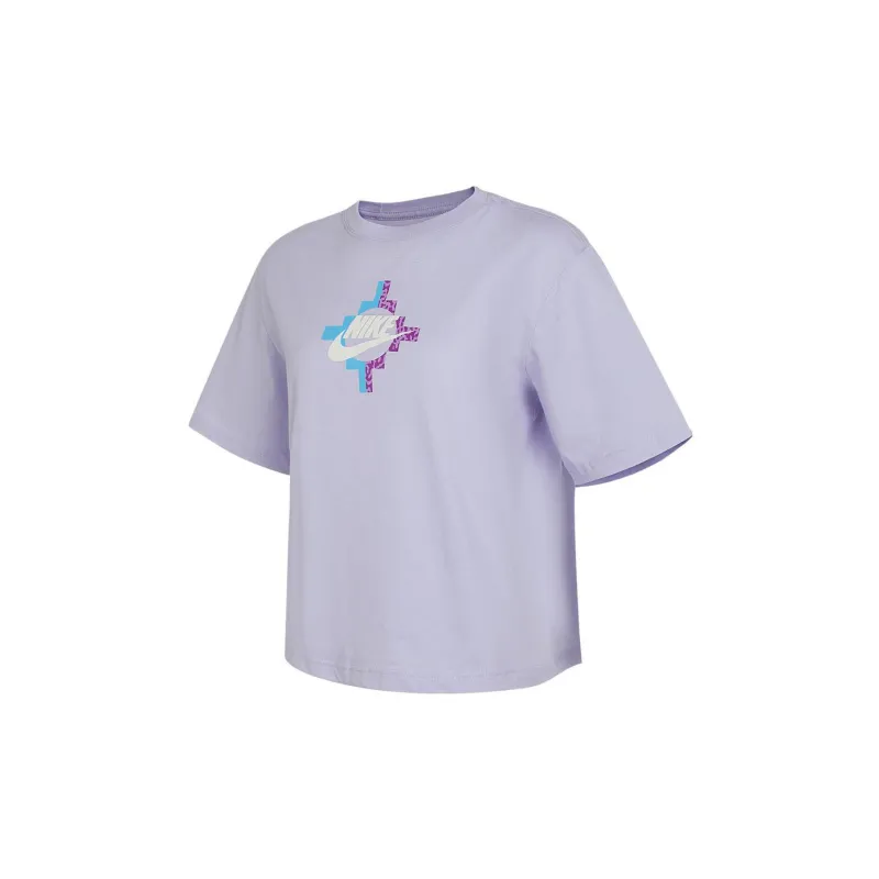 Nike Women'ss Letter Print Logo Classic Cropped Crewneck T-Shirt Purple-0
