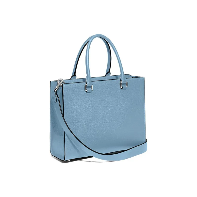 COACH Cross-Stitch Leather With Canvas Tote Shoulder Bag Crossbody Bag Handbag Medium Size Women's Light Blue-1
