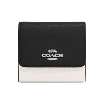 COACH Trifold Wallet Leather Card Holder Wallet Women's Black & White