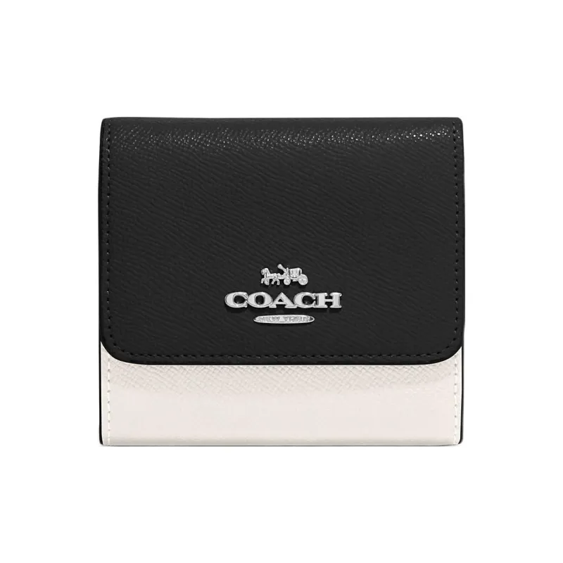COACH Trifold Wallet Leather Card Holder Wallet Women's Black & White-0