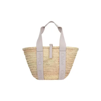 Chloe Raffia Patchwork Cow Leather Handbag Medium Size Women's Natural/Wild Gray