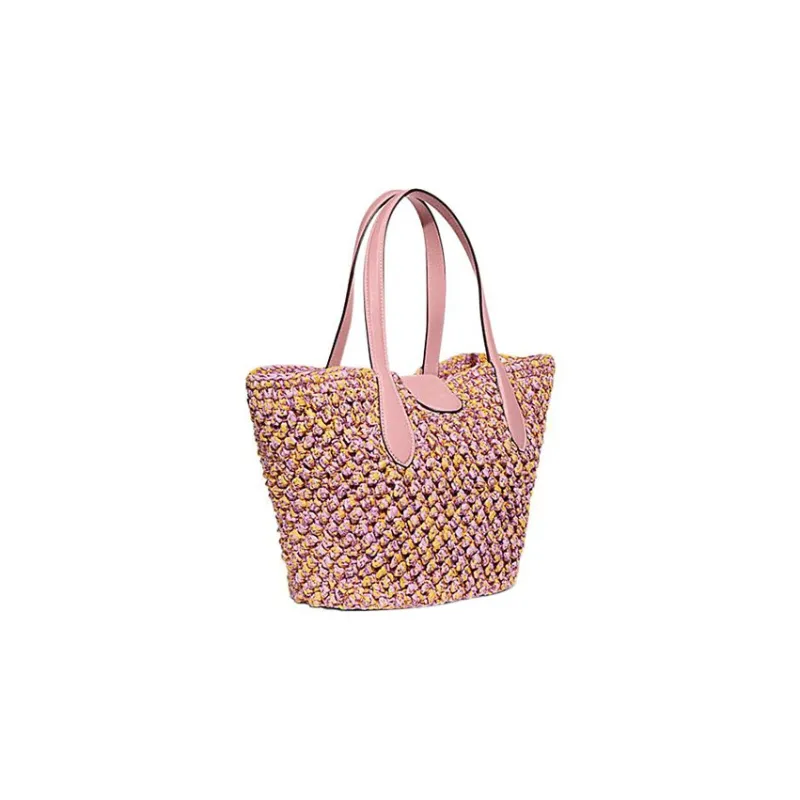 COACH Straw Straw Woven With Leather Tote Bag Shopping Bag Basket Bag Handbag Shoulder Bag Women's Pink-1