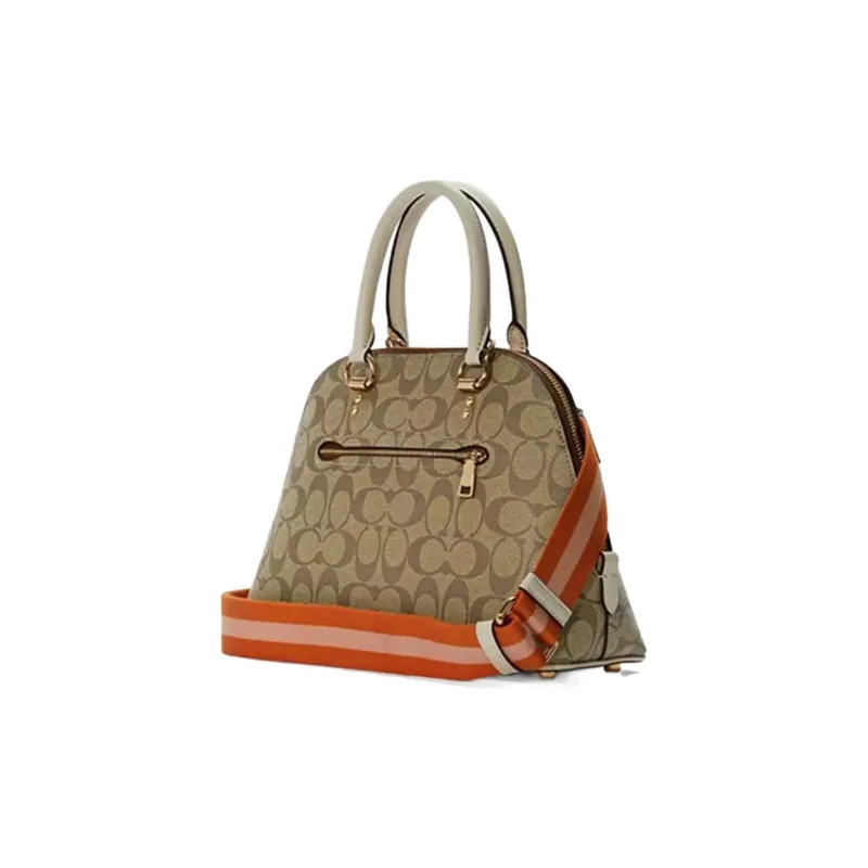 COACH Katy Canvas With Leather One Shoulder Crossbody Dome Bag Handbag Large Size Women's Khaki & Orange-2
