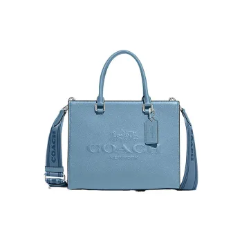 COACH Cross-Stitch Leather With Canvas Tote Shoulder Bag Crossbody Bag Handbag Medium Size Women's Light Blue
