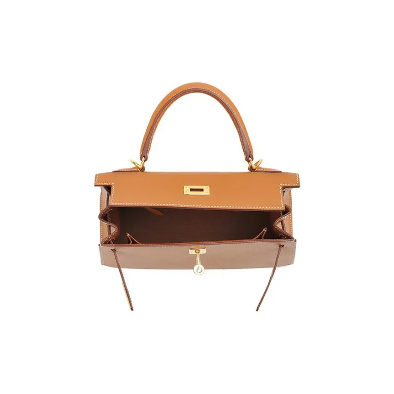 HERMES Cow Leather Kelly Bag Handbag 25 Women's Gold Brown-3