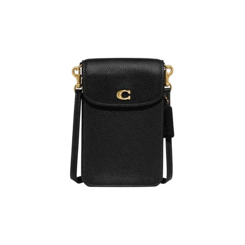 COACH Pebbled Leather Cell Phone Pouch, Shoulder Bag, Crossbody Bag Mini Women's Black-0