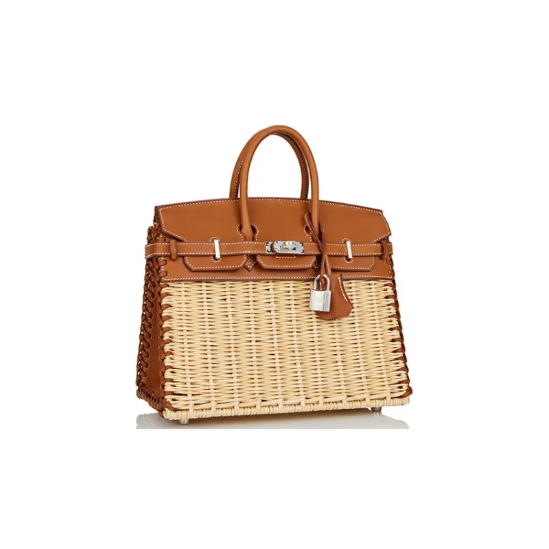 HERMES Birkin Wicker And Saddle Leather Birkin Bag Rattan Handbag Women's 37 Gold Gold-1